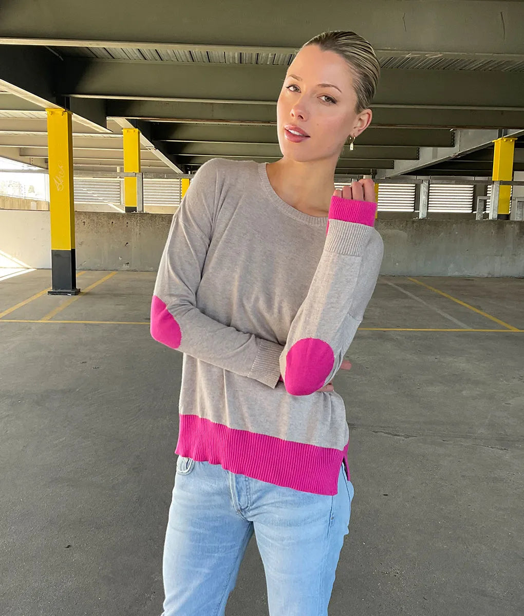 Sophie Moran - Oatmeal/Pink Arm Patch Sweater